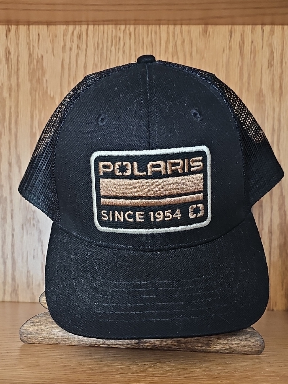 Polaris Black Mesh Trucker Hat with Tan Patch